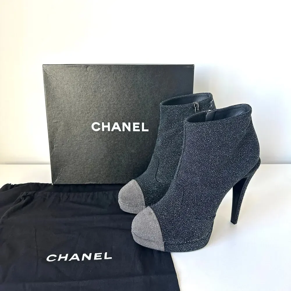 Chanel Black CC Sparkle Glitter Cap Toe Platform Short Boots IT 39